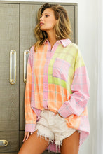 Load image into Gallery viewer, BiBi Plaid Color Block Raw Hem Button Down Shirt
