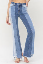 Load image into Gallery viewer, Vervet by Flying Monkey Diva High Waisted Color Block Chewed Raw Hem Flared Leg Denim Jeans
