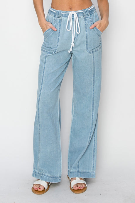 RISEN Tie Waist Blue Denim Straight Leg Jeans