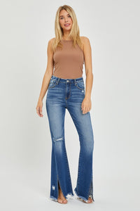 RISEN High Rise Front Slit Frayed Hem Flared Leg Blue Wash Denim Jeans