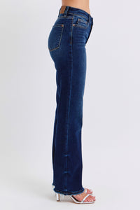 Judy Blue Raw Hem Dark Blue Denim Straight Leg Jeans