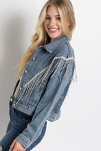 Ladda upp bild till gallerivisning, Sweet Generis Washed Rhinestone Fringe Cropped Denim Jacket
