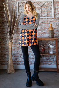 Heimish Orange Black Checkered Contrast Striped Long Sleeve Top