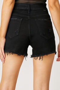 RISEN Fringe Detail Frayed Hem Black Denim Shorts