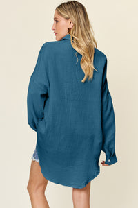 Double Take Textured Color Block Button Down Shirt