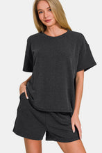 Ladda upp bild till gallerivisning, Zenana Black Ribbed Knit T-Shirt and Shorts Set
