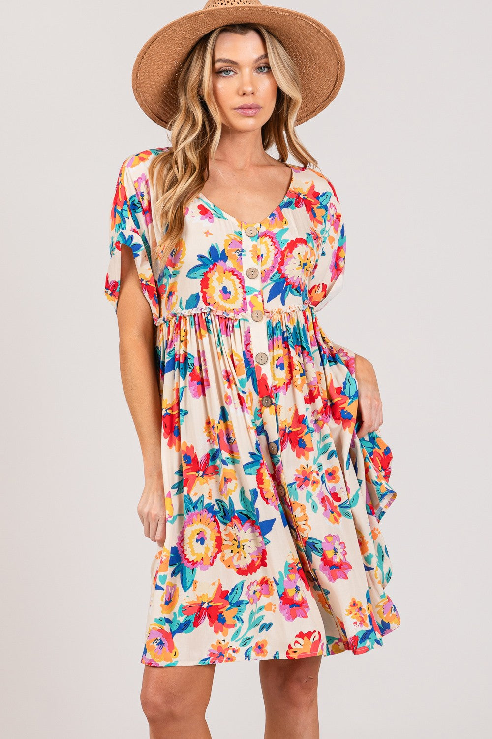 SAGE + FIG Vibrant Floral Button Down Short Sleeve Dress