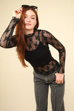 Ladda upp bild till gallerivisning, VERY J Mock Neck Fitted Black Sheer Lace Top
