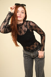 VERY J Mock Neck Fitted Black Sheer Lace Top