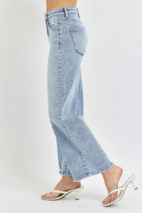 RISEN Tummy Control Blue Washed Denim Cropped Wide Leg Jeans