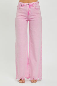 RISEN High Waisted Chewed Raw Hem Wide Leg Pink Denim Jeans