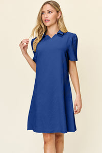 Double Take Solid Color Textured Collared Short Sleeve Dress