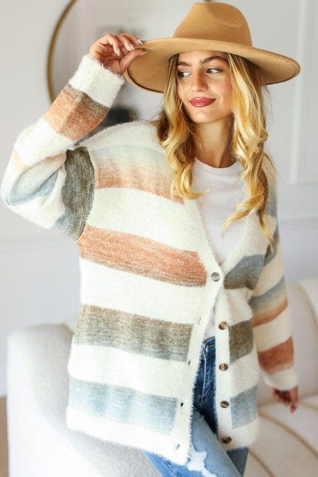 Haptics Button Down Striped Knit Cardigan