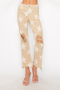 RISEN Star Pattern Frayed Hem Khaki Denim Jeans