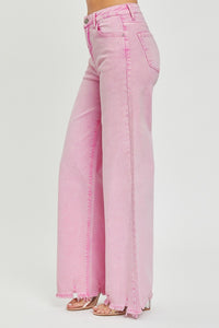 RISEN High Waisted Chewed Raw Hem Wide Leg Pink Denim Jeans