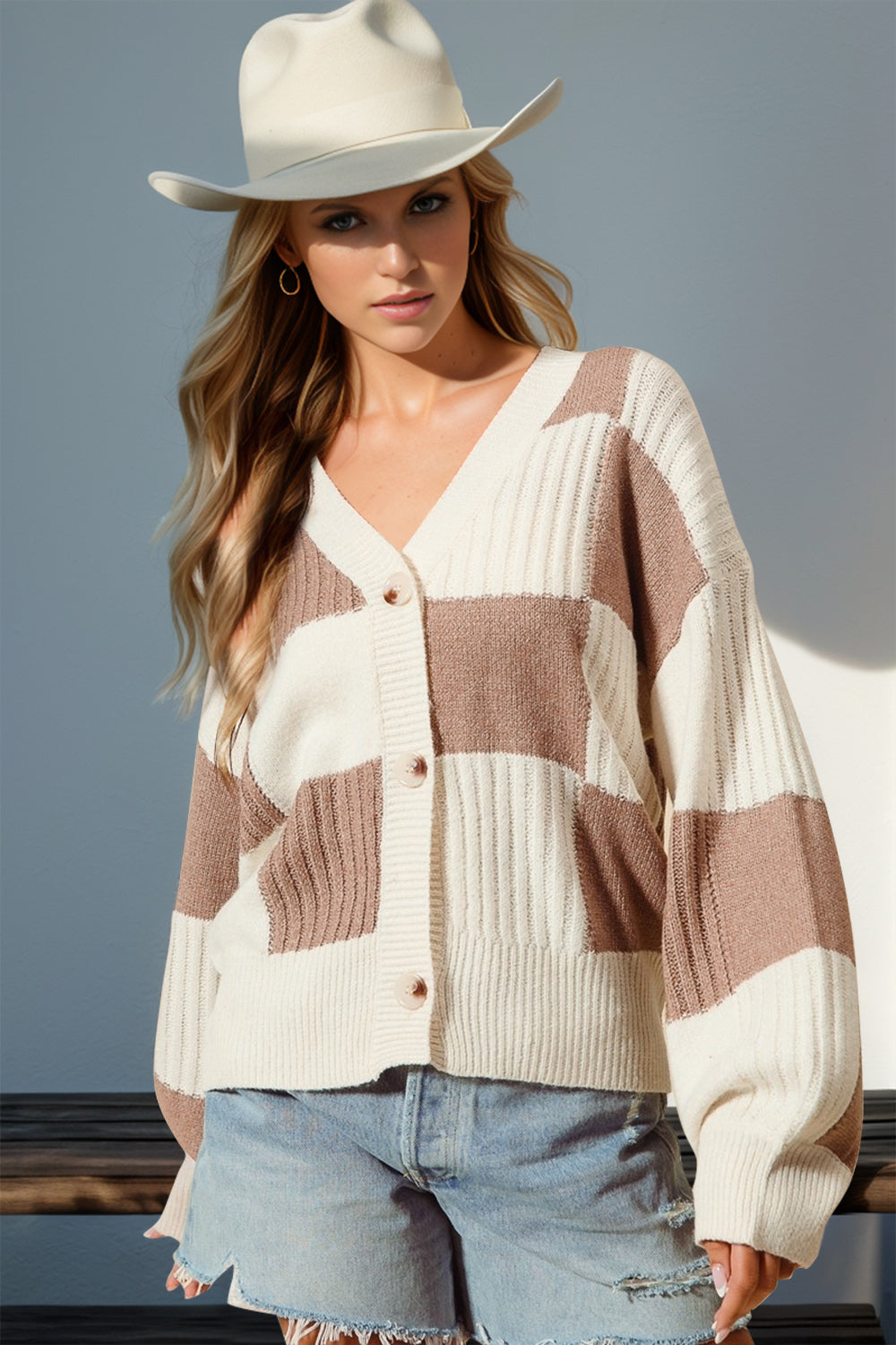 Double Take Checkered Dropped Shoulder Knit Cardigan