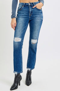 RISEN High Rise Distressed Crop Straight Leg Blue Denim Jeans