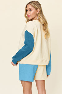 Double Take Color Block Contrast Drop Shoulder Loungewear Set