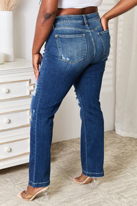 Judy Blue Mid Rise Hand Sand & Destroy Blue Denim Bootcut Jeans