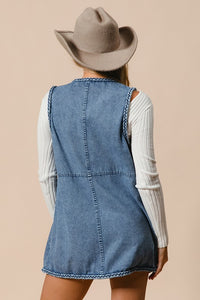 BiBi Braided Trim Open Front Blue Denim Vest