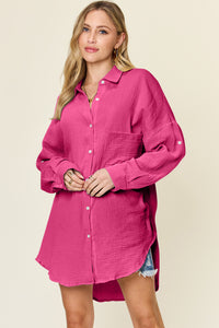 Double Take Textured Color Block Button Down Shirt