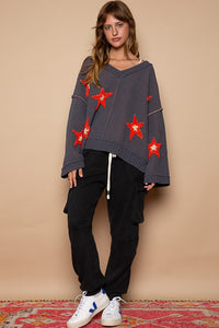 POL Out Seam Color Block Star Patch Sweater