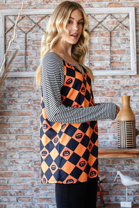 Heimish Orange Black Checkered Contrast Striped Long Sleeve Top