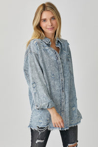 RISEN Distressed Raw Hem Blue Denim Shirt