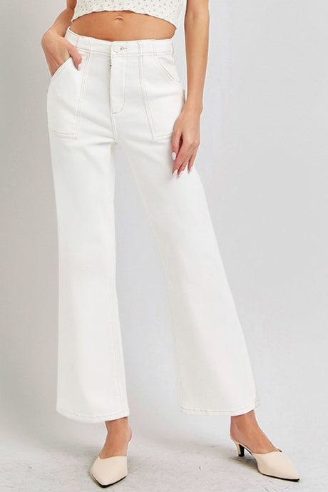 RISEN High Rise Ankle Flare Patch Pocket White Denim Jeans