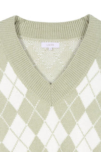 Lilou Green Argyle Yarn Dyed Knit Sweater Vest