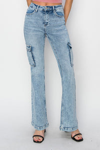 RISEN Blue Denim Cargo Flared Leg Jeans