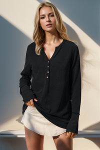 Double Take Solid Color Notched Thumbhole Long Sleeve Top