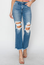 Load image into Gallery viewer, RISEN Mid Rise Distressed Cropped Blue Denim Flared Leg Jeans
