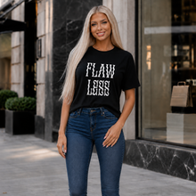 Load image into Gallery viewer, Flawless organic T Shirt featuring stacked FLAW LESS lettering with stretched, curved, and rippled details in a modern graphic design.

