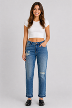 Load image into Gallery viewer, Judy Blue Mid Rise Patch &amp; Repair Destroy Release Hem Boyfriend Jeans
