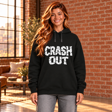 Ladda upp bild till gallerivisning, Model wearing the Crash Out women’s organic cotton blend graphic hoodie from Little Yellow Bungalow.
