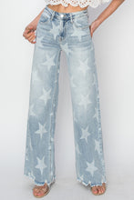 Load image into Gallery viewer, RISEN Star Pattern Raw Hem Wide Leg Blue Denim Jeans
