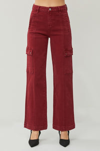 RISEN High Rise Wide Leg Cargo Red Denim Jeans