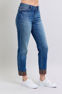 Judy Blue Plaid Cuffed Blue Denim Straight Leg Jeans