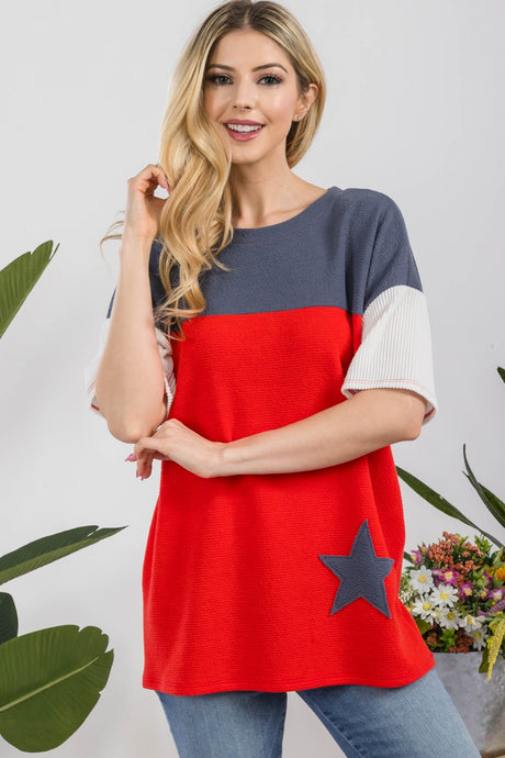Celeste Solid Color Block Contrast Star Patch Ribbed Knit Top
