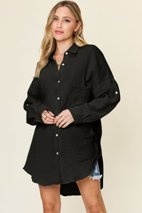 Double Take Textured Color Block Button Down Shirt