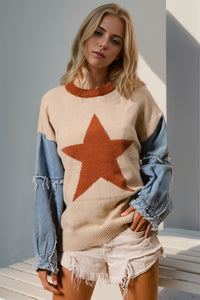 Double Take Star Knit Denim Contrast Top