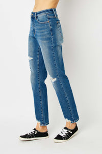 Judy Blue Distressed Chewed Raw Hem Slim Blue Denim Jeans