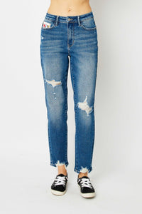 Judy Blue Distressed Chewed Raw Hem Slim Blue Denim Jeans