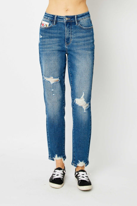 Judy Blue Distressed Chewed Raw Hem Slim Blue Denim Jeans