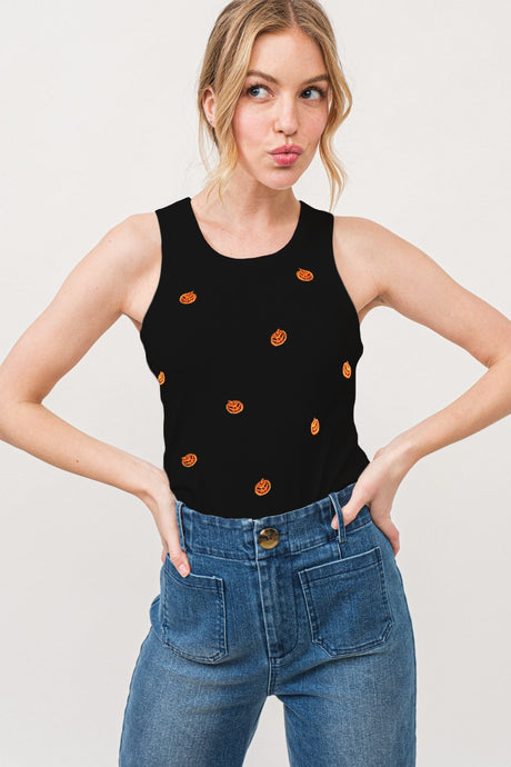 And The Why Jack O' Lantern Embroidered Ribbed Tank Top