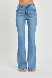 RISEN High Waisted Raw Cut Hem Blue Denim Bootcut Jeans