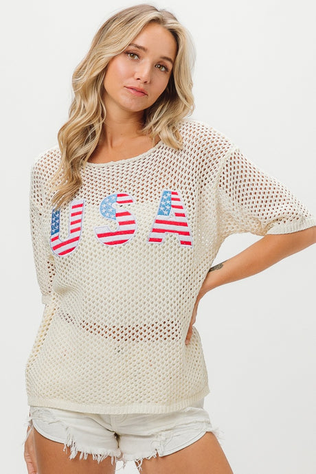 BiBi USA Red White Blue Netted Knit Top