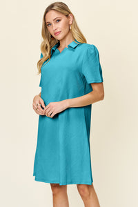 Double Take Solid Color Textured Collared Short Sleeve Dress