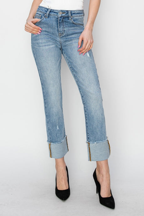 RISEN High Rise Cuffed Slim Straight Blue Washed Denim Jeans